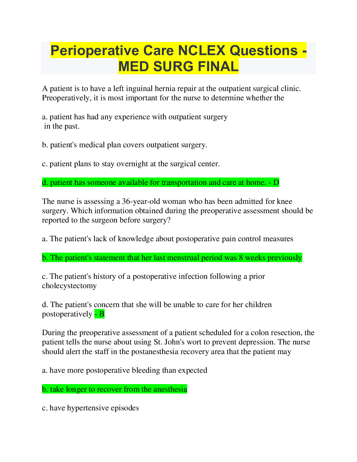 Preview image for (answered?  summer 2022) Perioperative Care NCLEX Questions - MED SURG FINAL